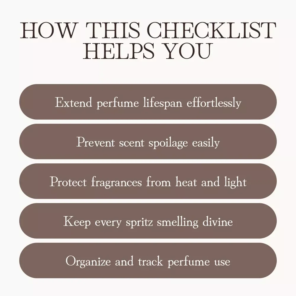 Your Fun & Fabulous Checklist for Keeping Scents Fresh | Printable Perfume Care Guide | Digital Download on how to store perfumes to maintain their scent | Fragrance Storage Tips & Organization Checklist