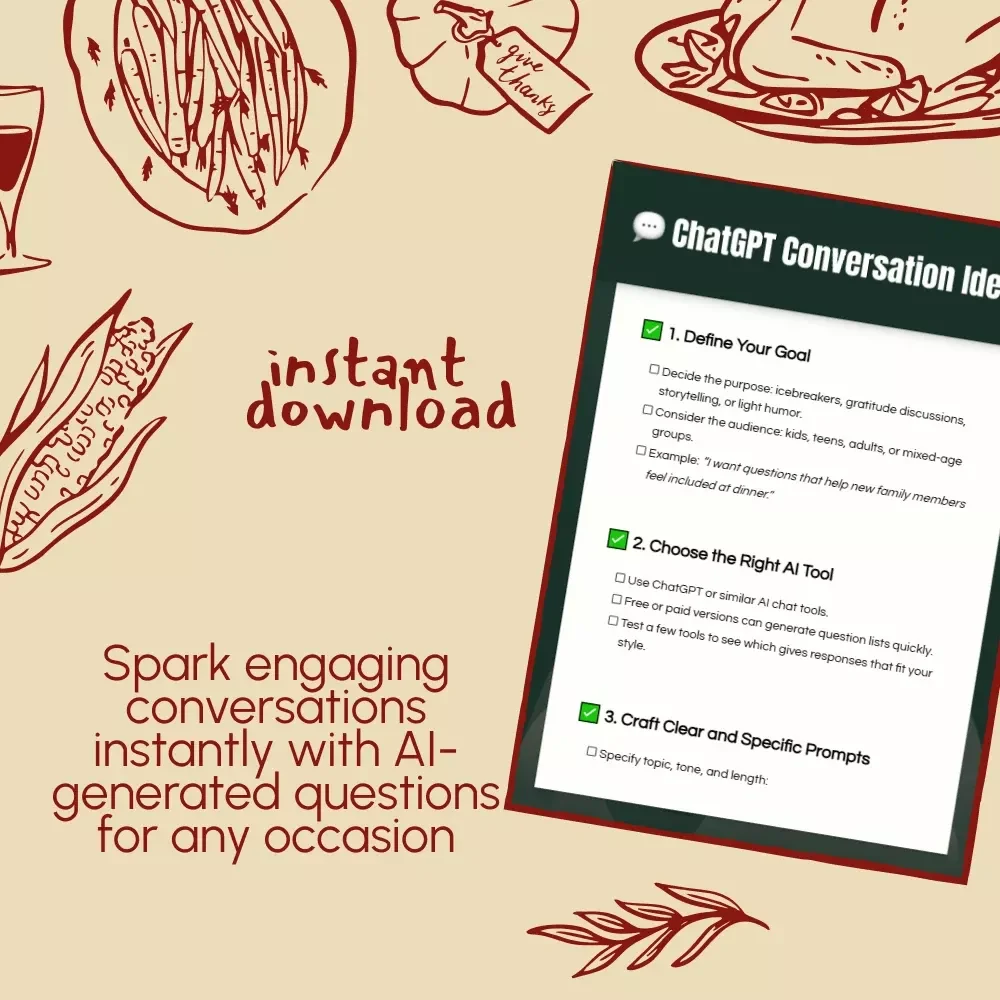 ChatGPT Conversation Ideas Checklist – How to Ask ChatGPT for Conversation Starter Ideas, Icebreakers, Family & Group Questions, eBook Digital Download