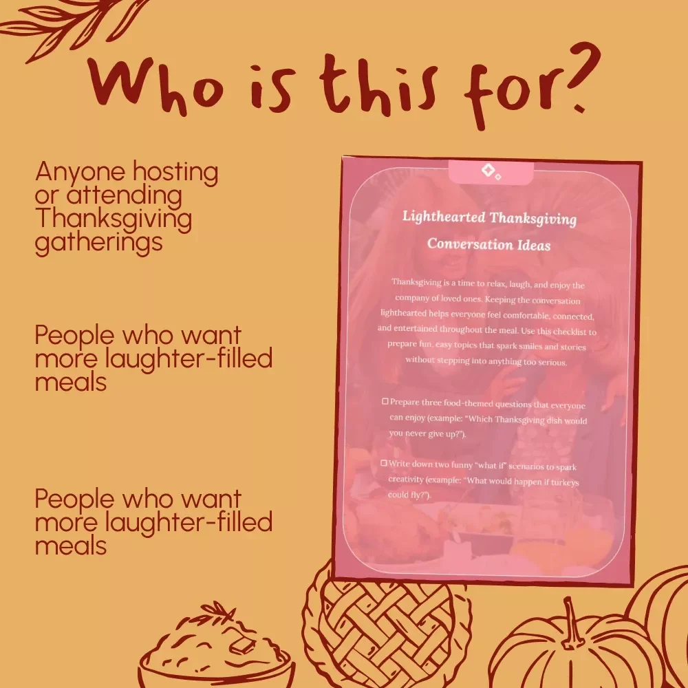 Lighthearted Thanksgiving Conversation Ideas – Printable Thanksgiving Dinner Checklist | Fun Family Conversation Starters for All Ages | Digital Download
