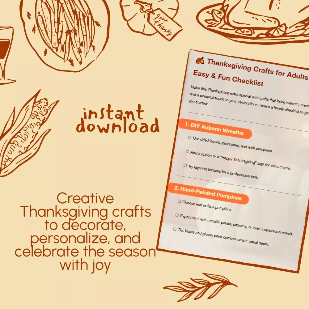 Thanksgiving Crafts for Adults – Easy & Fun Checklist | DIY Fall Décor Ideas, Printable Craft Guide for Thanksgiving Activities, Digital Download