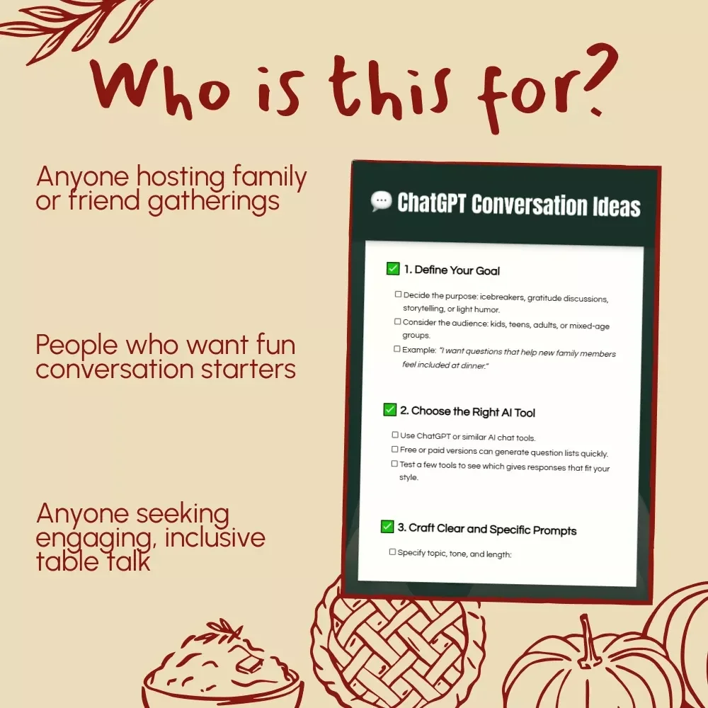 ChatGPT Conversation Ideas Checklist – How to Ask ChatGPT for Conversation Starter Ideas, Icebreakers, Family & Group Questions, eBook Digital Download