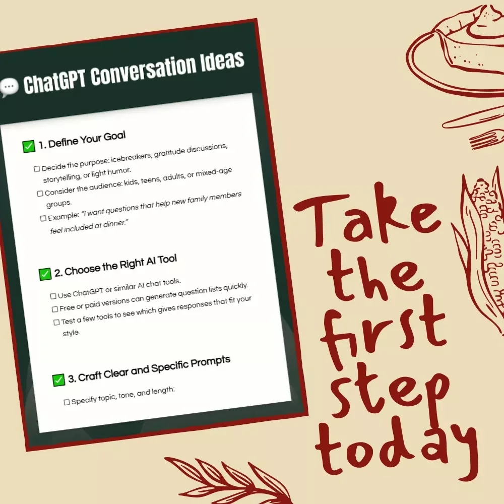 ChatGPT Conversation Ideas Checklist – How to Ask ChatGPT for Conversation Starter Ideas, Icebreakers, Family & Group Questions, eBook Digital Download