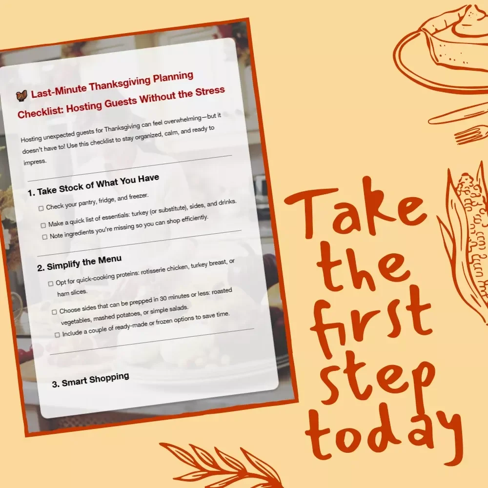 Last-Minute Thanksgiving Planning Checklist: Hosting Guests Without the Stress | Printable Holiday Guide | How to Plan Thanksgiving for Last Minute Guests