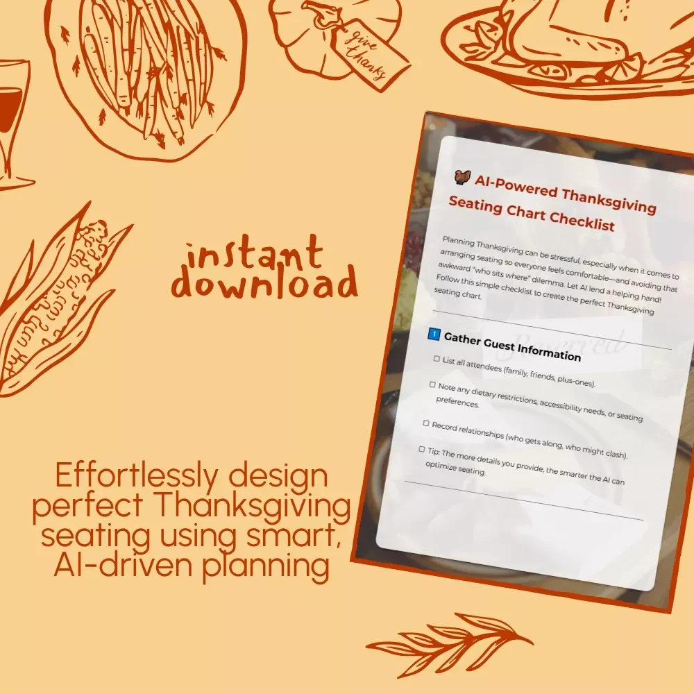 AI-Powered Thanksgiving Seating Chart Checklist | Digital Download | How to Use AI to Plan Thanksgiving Seating Chart | Holiday Hosting Guide
