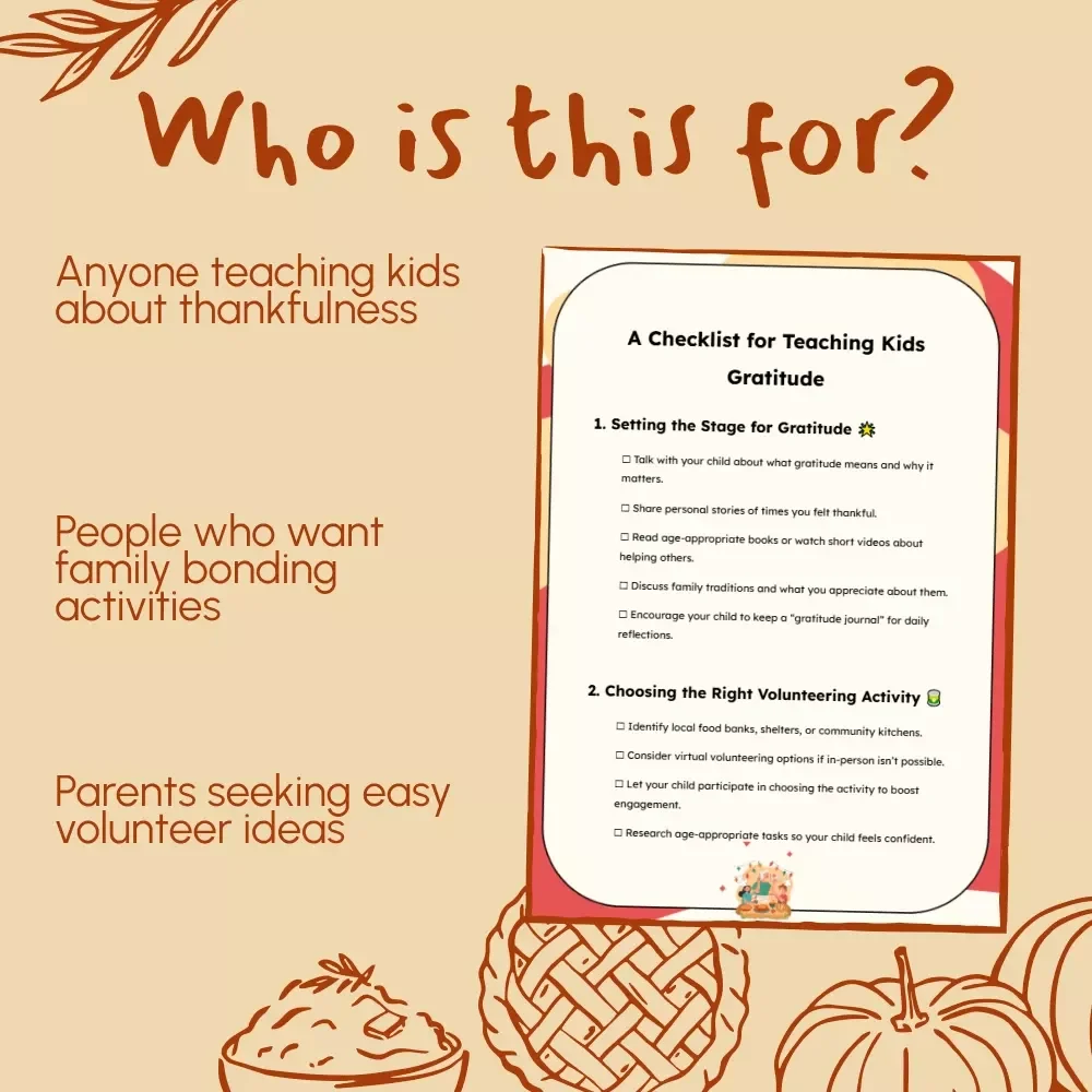 A Checklist for Teaching Kids Gratitude | Printable Thanksgiving Volunteering Guide for Parents | Digital Download to Inspire Thankfulness and Family Giving