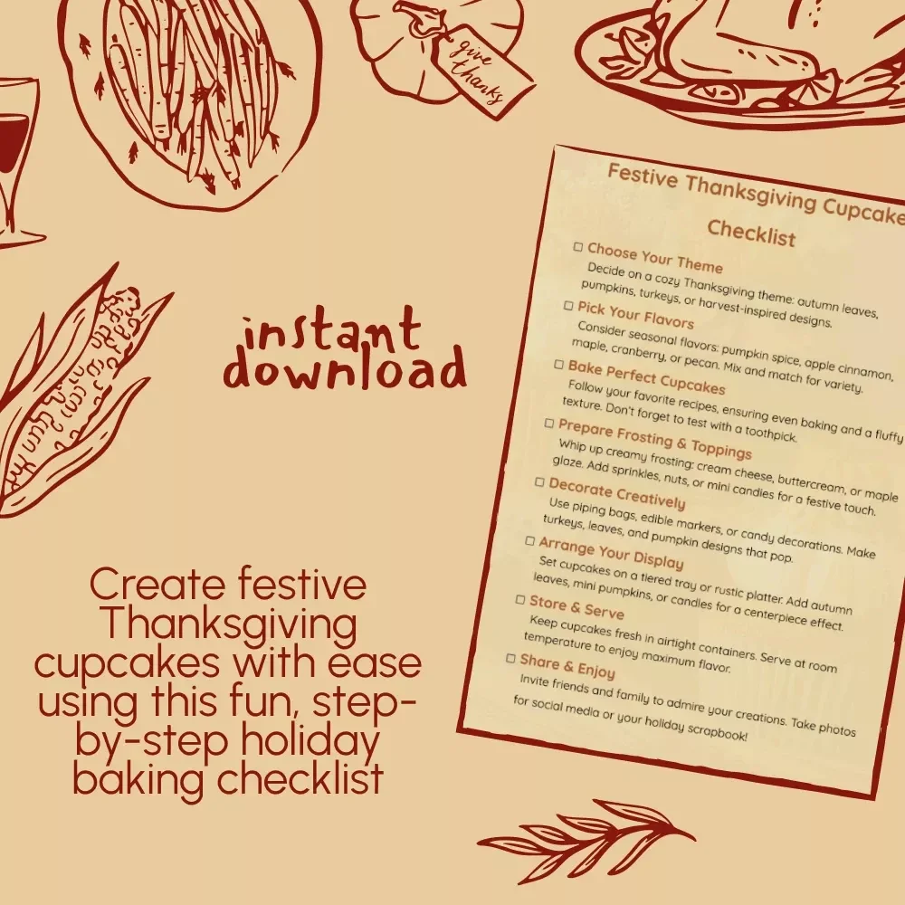 Festive Thanksgiving Cupcake Checklist | Printable Holiday Baking Guide | Digital Download for Autumn Party Desserts & Thanksgiving Cupcake Decorating Ideas