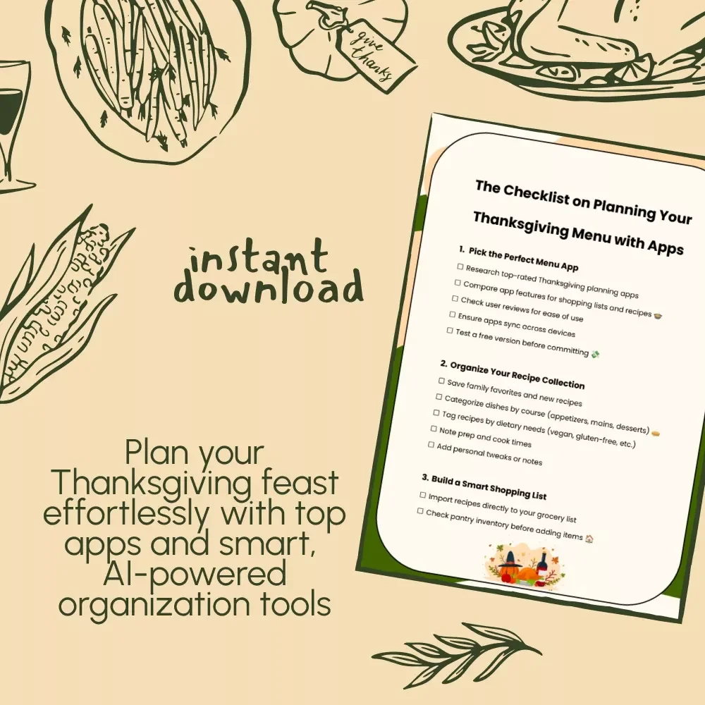 The Checklist on Planning Your Thanksgiving Menu with Apps | Digital Download for Effortless Holiday Meal Planning | Printable & Interactive Guide to Using Apps for Planning Thanksgiving Menus