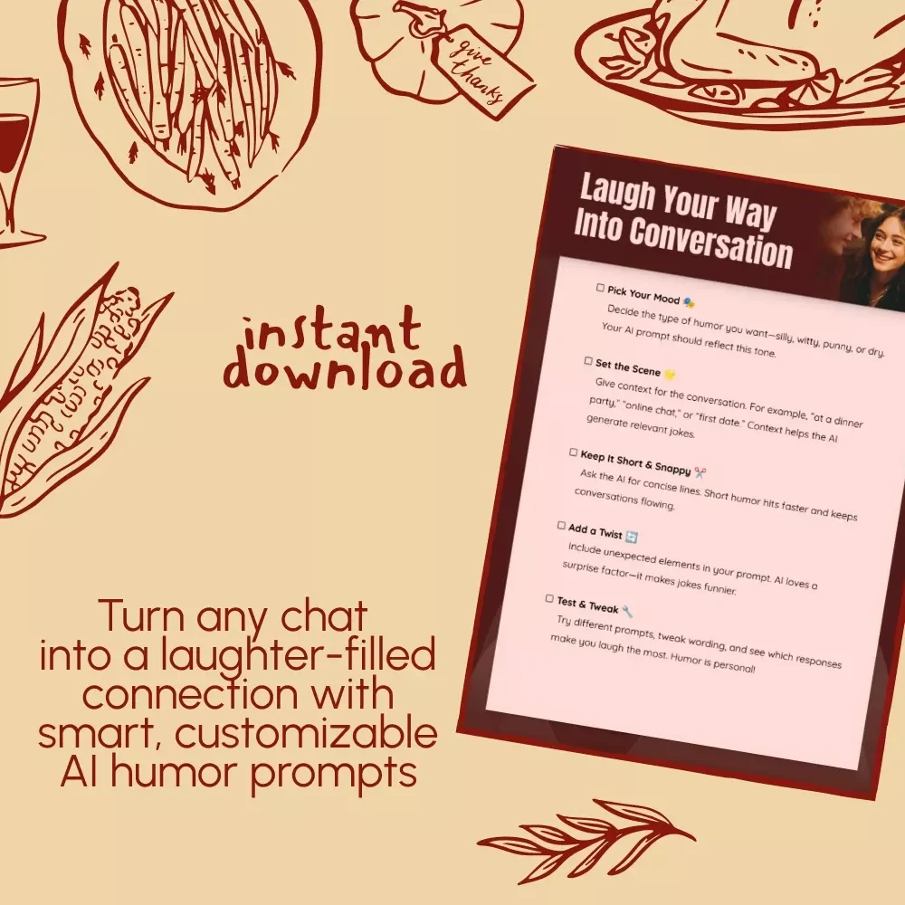 Laugh Your Way Into Conversation | Humor-Based AI Prompt Checklist | Digital Download for Creative Chat Starters, Funny Icebreakers & Engaging Conversations