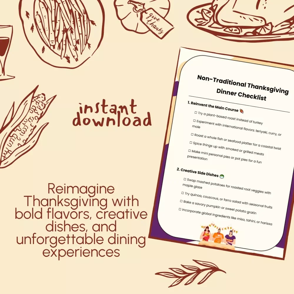 Non-Traditional Thanksgiving Dinner Checklist | Unique Non Traditional Thanksgiving Dinner Ideas | Modern Holiday Planning Guide (Digital Download)