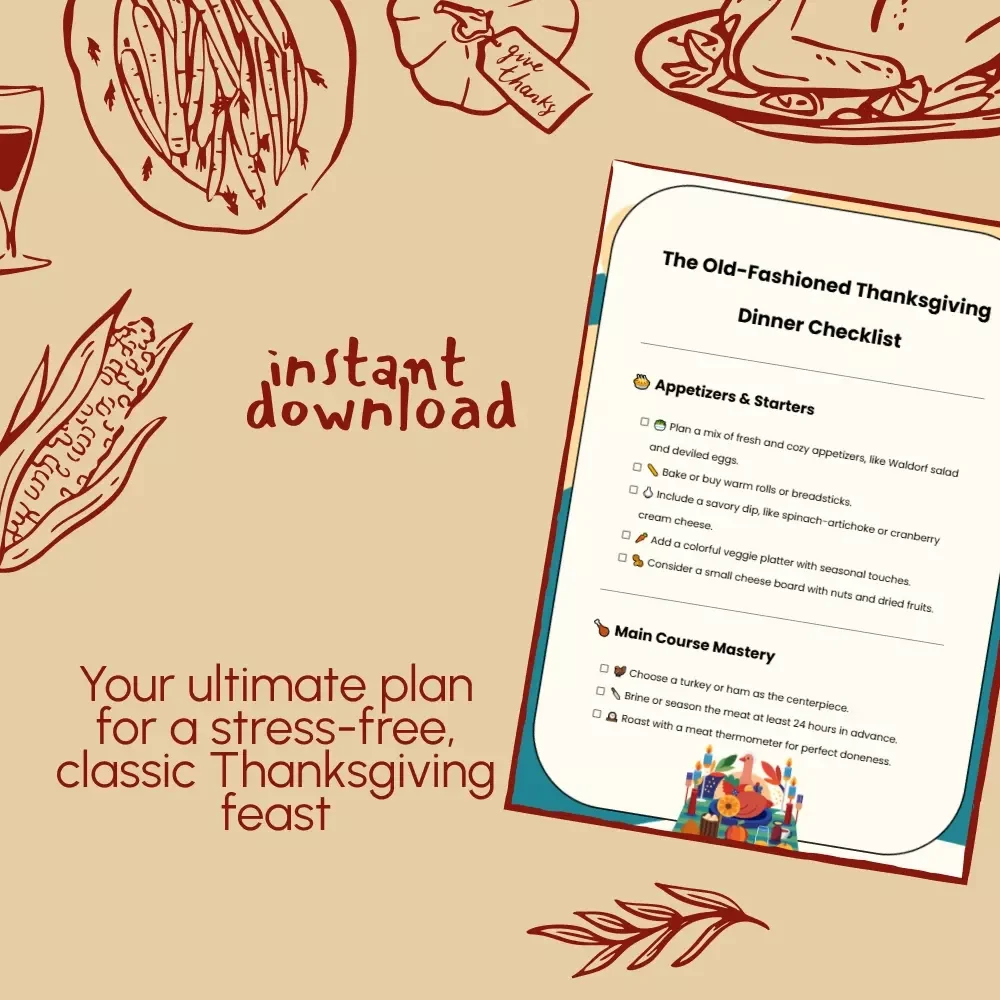The Old-Fashioned Thanksgiving Dinner Checklist | Vintage-Inspired Holiday Meal Planner | Digital Download for Classic Family Feast