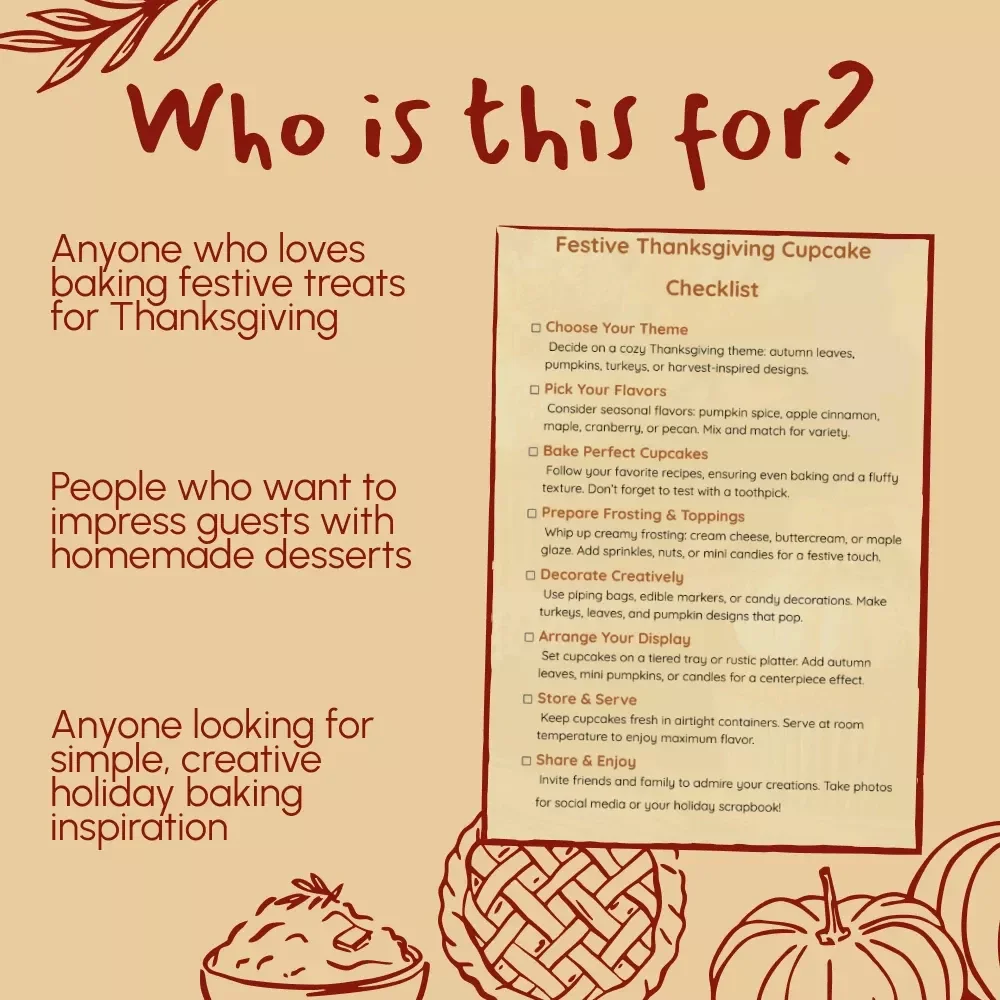 Festive Thanksgiving Cupcake Checklist | Printable Holiday Baking Guide | Digital Download for Autumn Party Desserts & Thanksgiving Cupcake Decorating Ideas