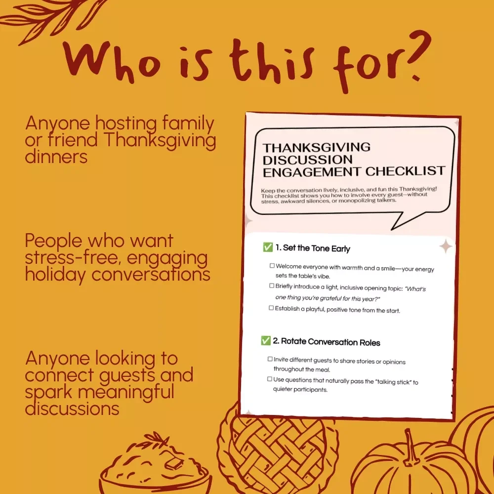 Thanksgiving Discussion Engagement Checklist – Digital Download, Conversation Guide, eBook, Icebreaker Questions, Family Dinner Tips, Holiday Gathering Checklist
