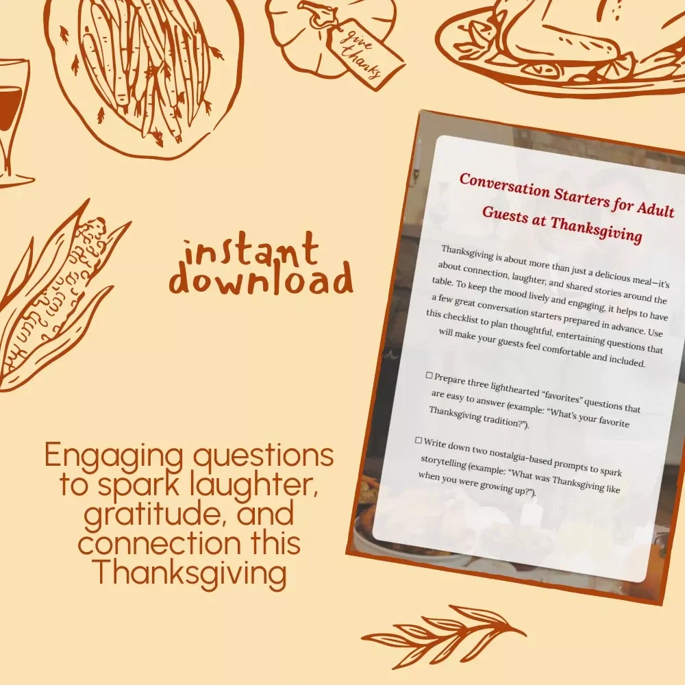 Conversation Starters for Adult Guests at Thanksgiving | Printable Checklist | Digital Download | Fun & Meaningful Thanksgiving Table Talk Prompts for Adults