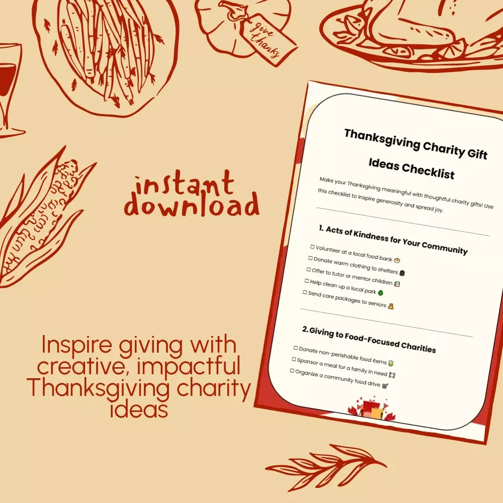 Thanksgiving Charity Gift Ideas Checklist | Printable Giving Guide | Digital Download for Holiday Acts of Kindness & Charity Gift Ideas During Thanksgiving