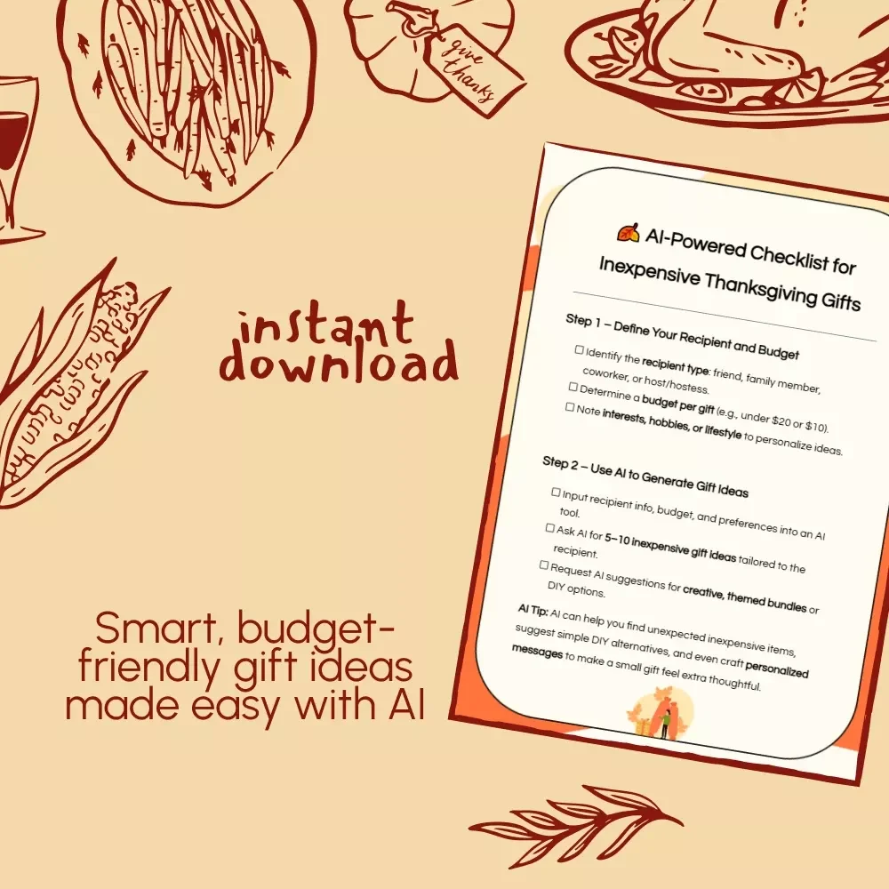 AI-Powered Checklist for Inexpensive Thanksgiving Gifts | Digital Download Guide for Easy, Affordable, and Thoughtful Holiday Giving | ai ideas for inexpensive thanksgiving gifts