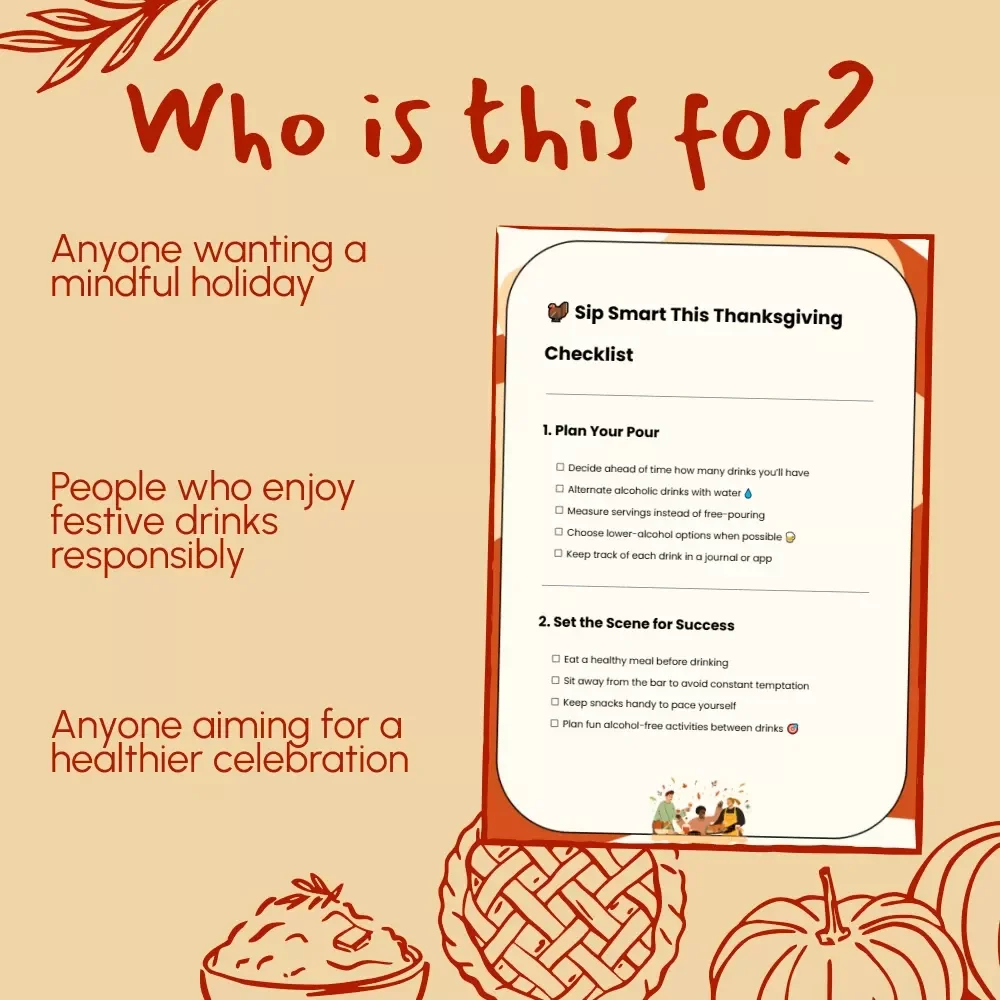 Sip Smart This Thanksgiving Checklist | Digital Download for Managing Alcohol Intake at Thanksgiving | Mindful Drinking Guide & Holiday Wellness Planner