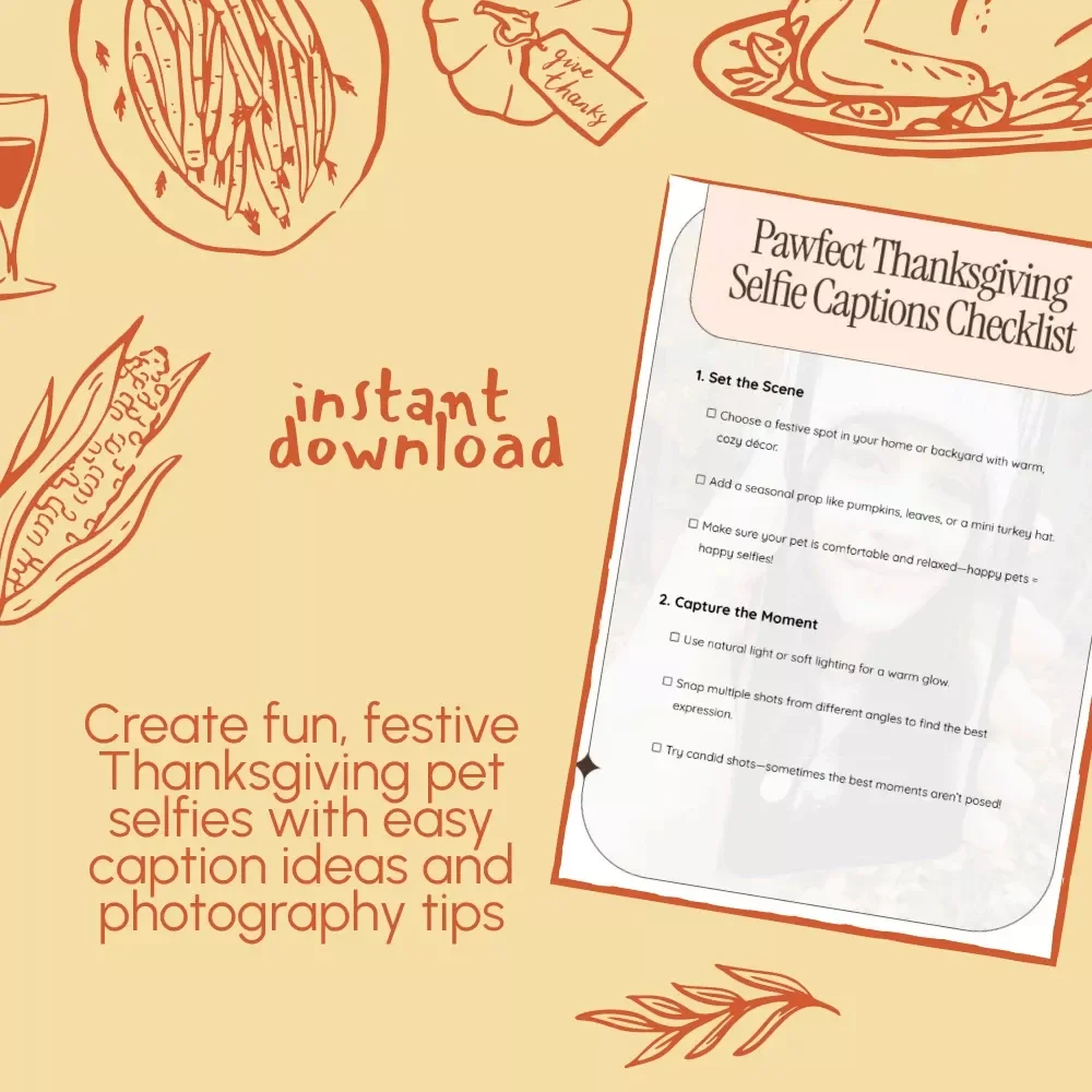 Pawfect Thanksgiving Selfie Captions Checklist | Cute & Funny Captions for Thanksgiving Selfies with Pets | Digital Download eBook for Pet Lovers, Dog & Cat Owners, Holiday Instagram Ideas