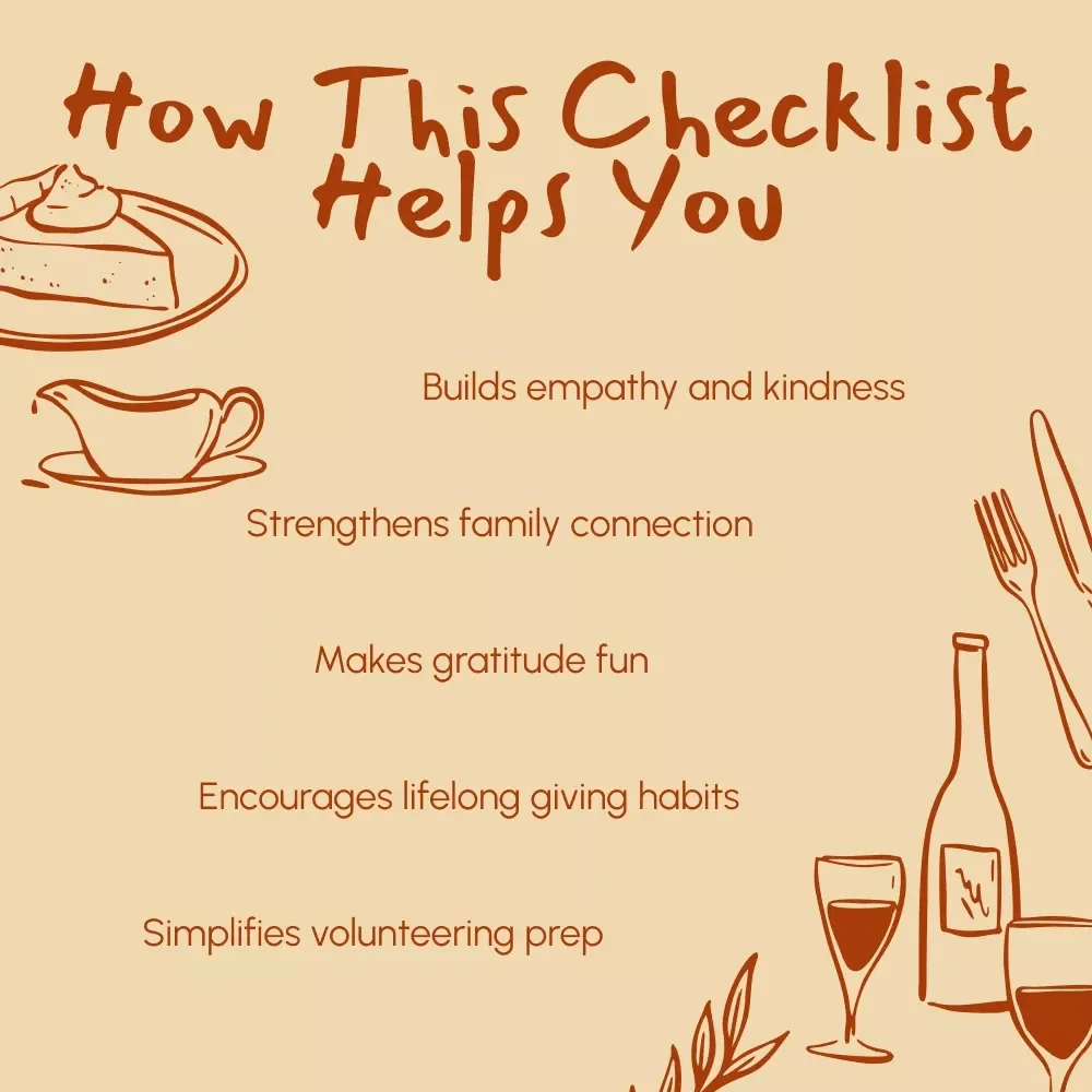 A Checklist for Teaching Kids Gratitude | Printable Thanksgiving Volunteering Guide for Parents | Digital Download to Inspire Thankfulness and Family Giving