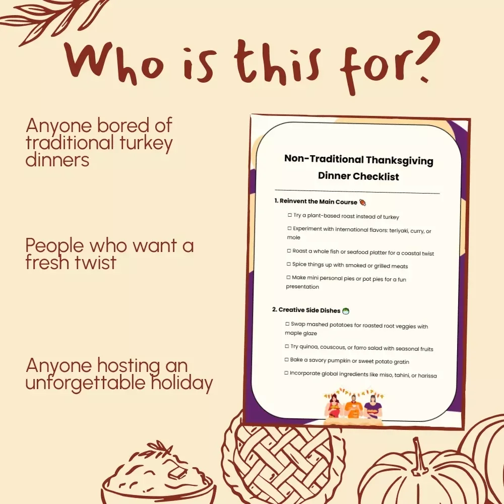 Non-Traditional Thanksgiving Dinner Checklist | Unique Non Traditional Thanksgiving Dinner Ideas | Modern Holiday Planning Guide (Digital Download)