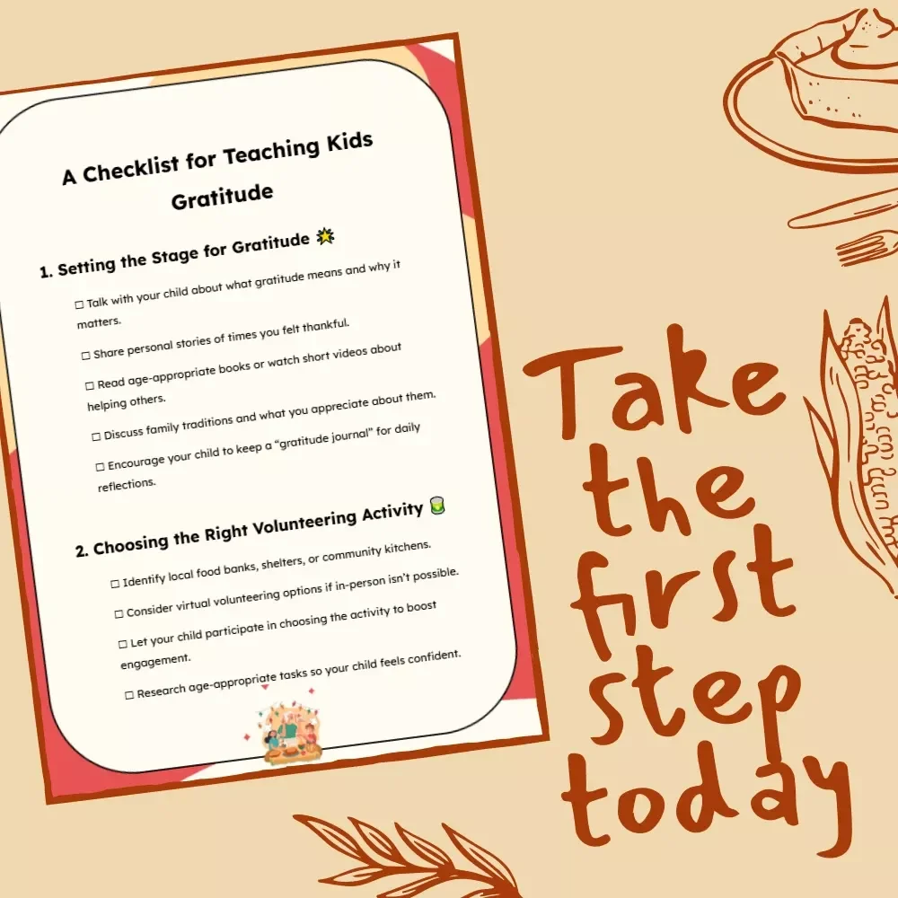 A Checklist for Teaching Kids Gratitude | Printable Thanksgiving Volunteering Guide for Parents | Digital Download to Inspire Thankfulness and Family Giving