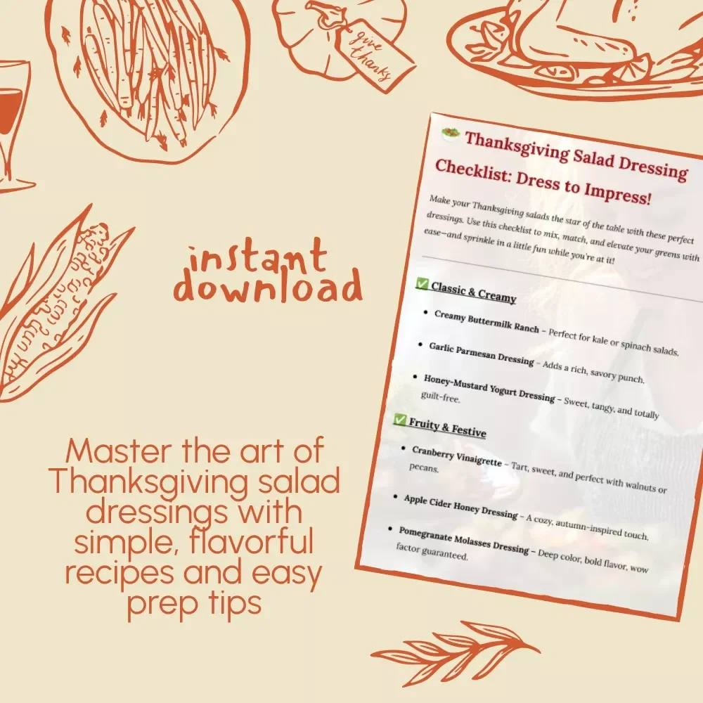 Thanksgiving Salad Dressing Checklist: Dress to Impress | Digital Download Guide, eBook & Printable for Holiday Salad Recipes, Easy Homemade Dressings, and Thanksgiving Menu Planning