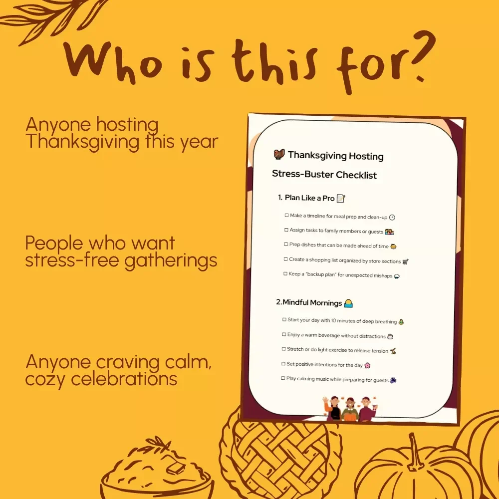 Thanksgiving Hosting Stress-Buster Checklist | Printable Thanksgiving Planner | stress-reduction techniques for thanksgiving hosts | Digital Download Holiday Organizer