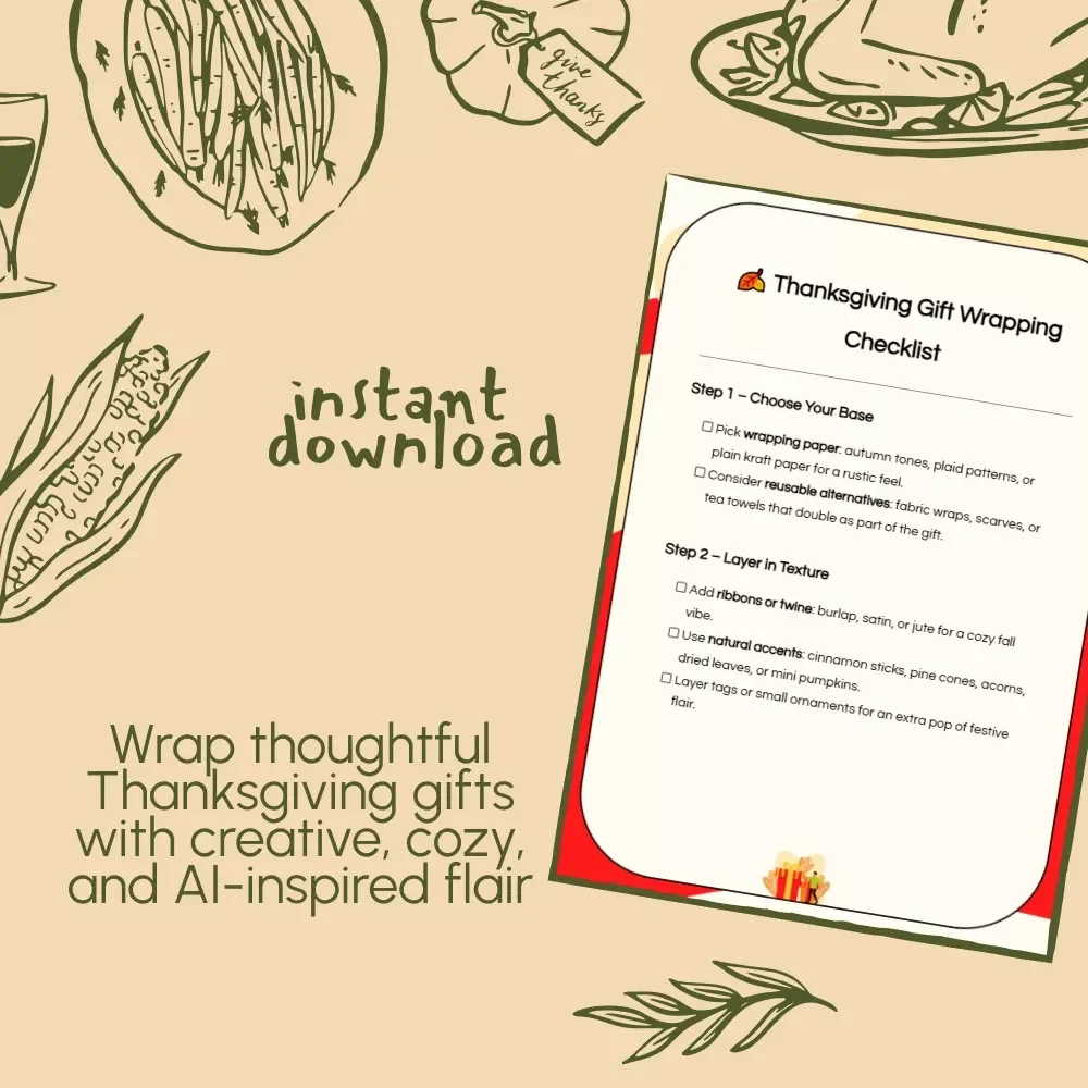 Thanksgiving Gift Wrapping Checklist | Printable Thanksgiving-Themed Gift Wrapping Ideas | Fall Holiday Gift Presentation Guide for Rustic, Cozy Packaging Inspiration