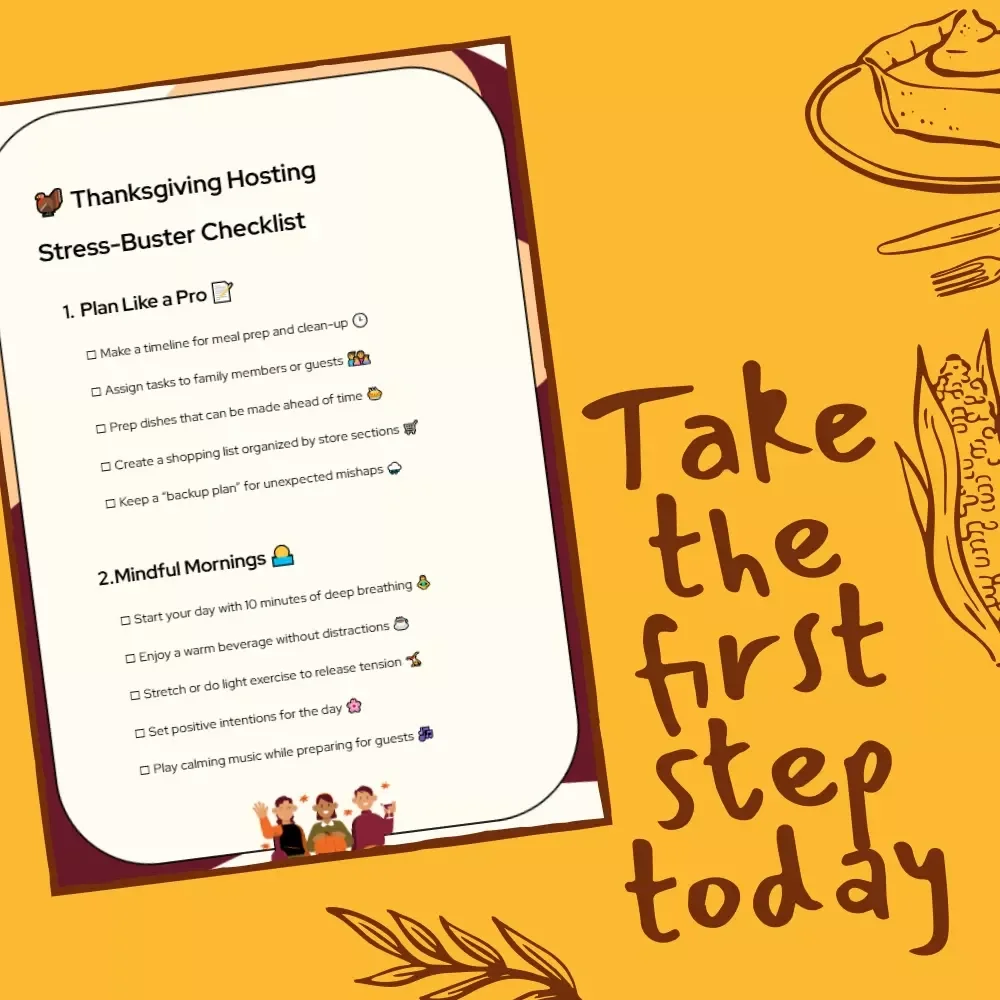 Thanksgiving Hosting Stress-Buster Checklist | Printable Thanksgiving Planner | stress-reduction techniques for thanksgiving hosts | Digital Download Holiday Organizer