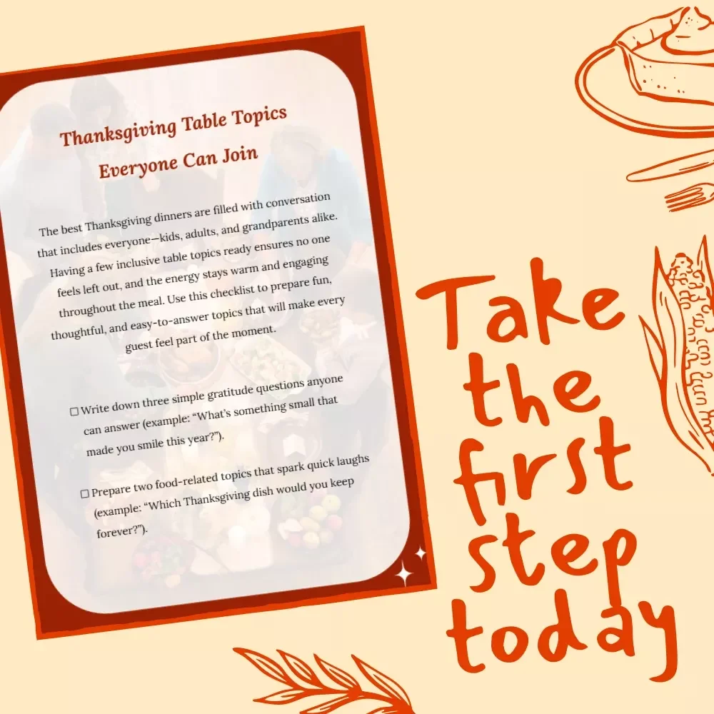 Thanksgiving Table Topics Everyone Can Join | Printable Conversation Starter Checklist | Fun Family Dinner Ideas for Gratitude & Laughter