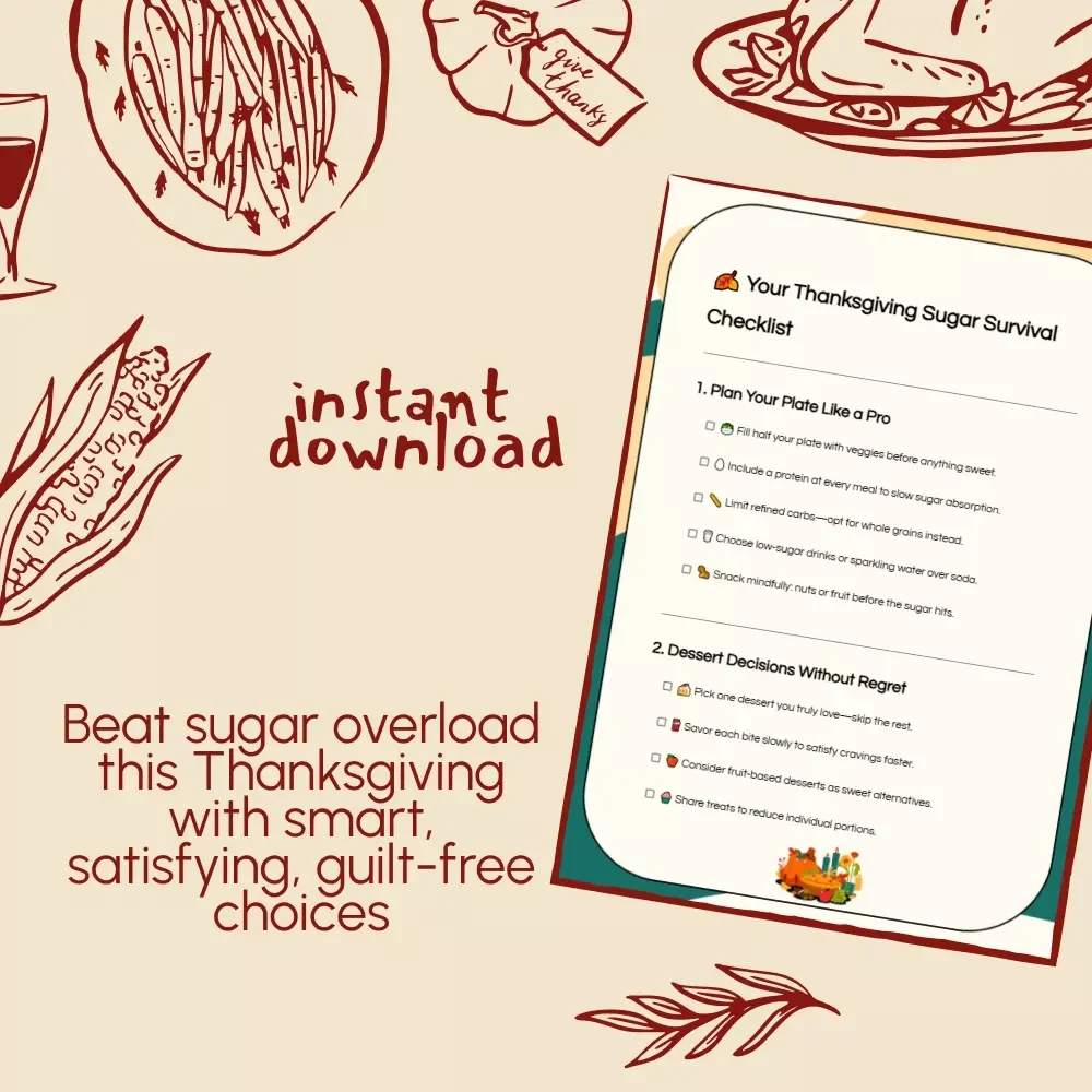 Your Thanksgiving Sugar Survival Checklist | Managing Sugar Intake at Thanksgiving | Printable Healthy Holiday Guide & Mindful Eating Checklist