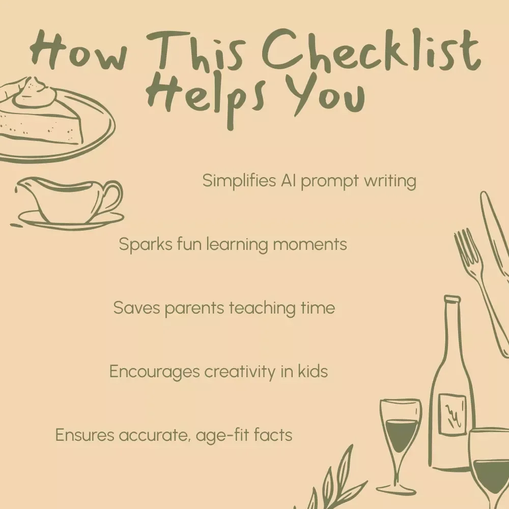 How to Ask AI to Summarize Thanksgiving History for Kids Checklist | Digital Download | Educational AI Prompt Guide for Parents & Teachers