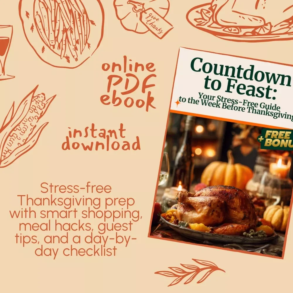 Countdown to Feast: Your Stress-Free Guide to the Week Before Thanksgiving | Digital Ebook | What to Do the Week Before Thanksgiving Checklist & Hosting Tips
