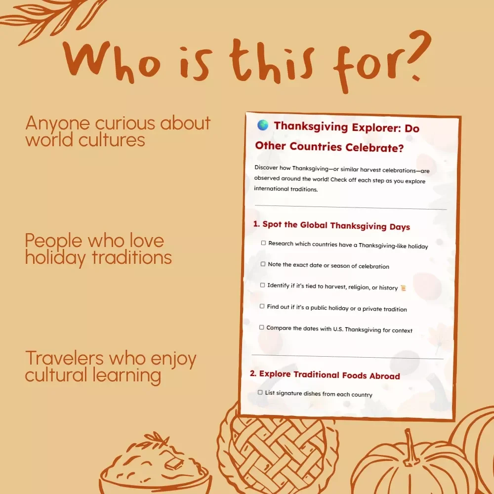 Thanksgiving Explorer: Do Other Countries Celebrate? | Global Thanksgiving Checklist | Cultural Gratitude Traditions Around the World | Digital Download
