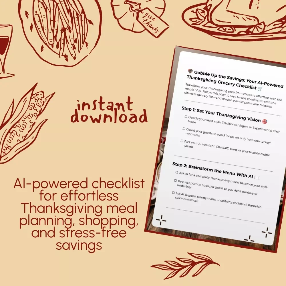 Gobble Up the Savings: Your AI-Powered Thanksgiving Grocery Checklist | How to Use AI to Create a Thanksgiving Grocery List | Digital Download, Printable Holiday Planner, eBook Guide