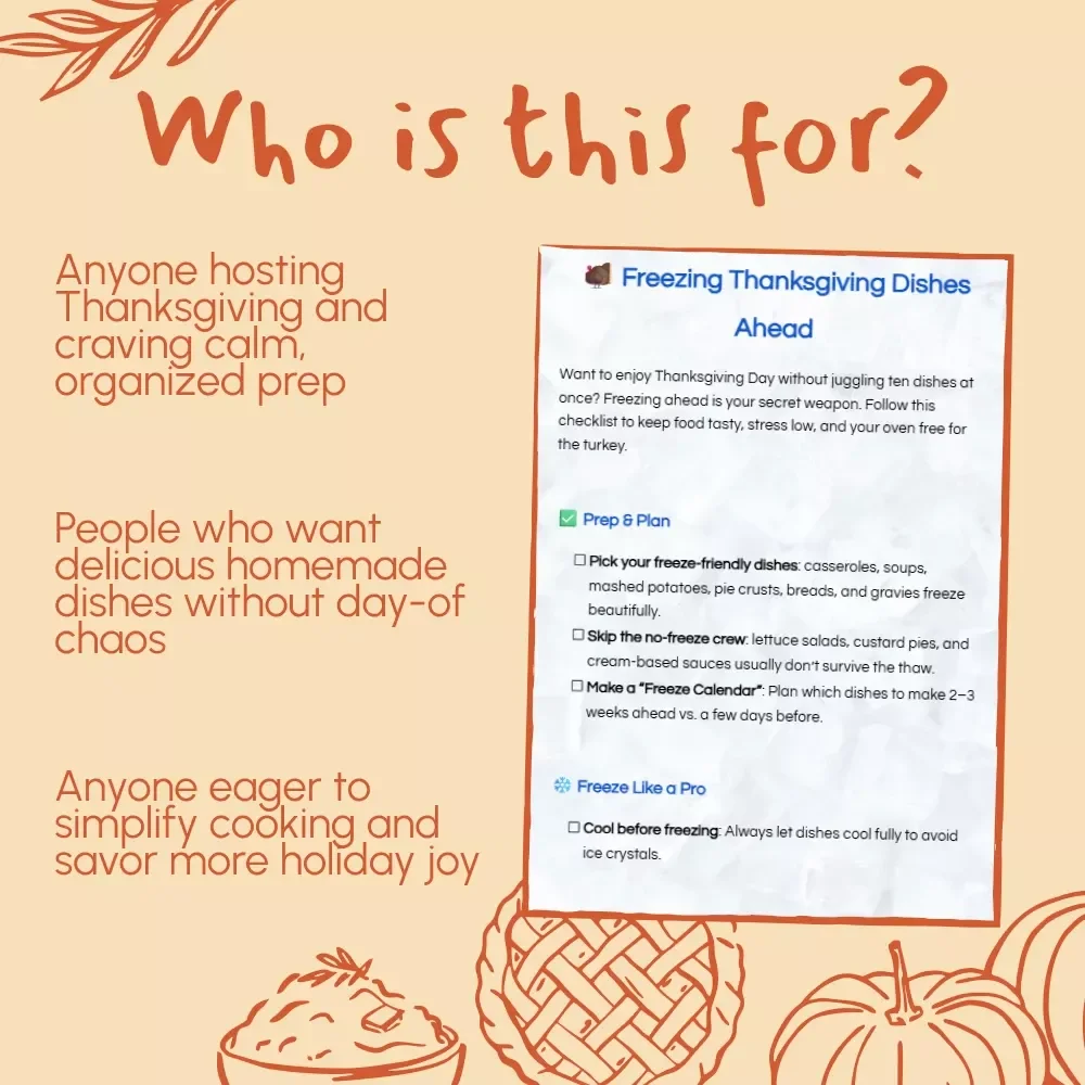 Freezing Thanksgiving Dishes Ahead Checklist | Holiday Meal Prep Guide | Thanksgiving Planning Printable | Freeze-Ahead Recipes & Reheating Tips