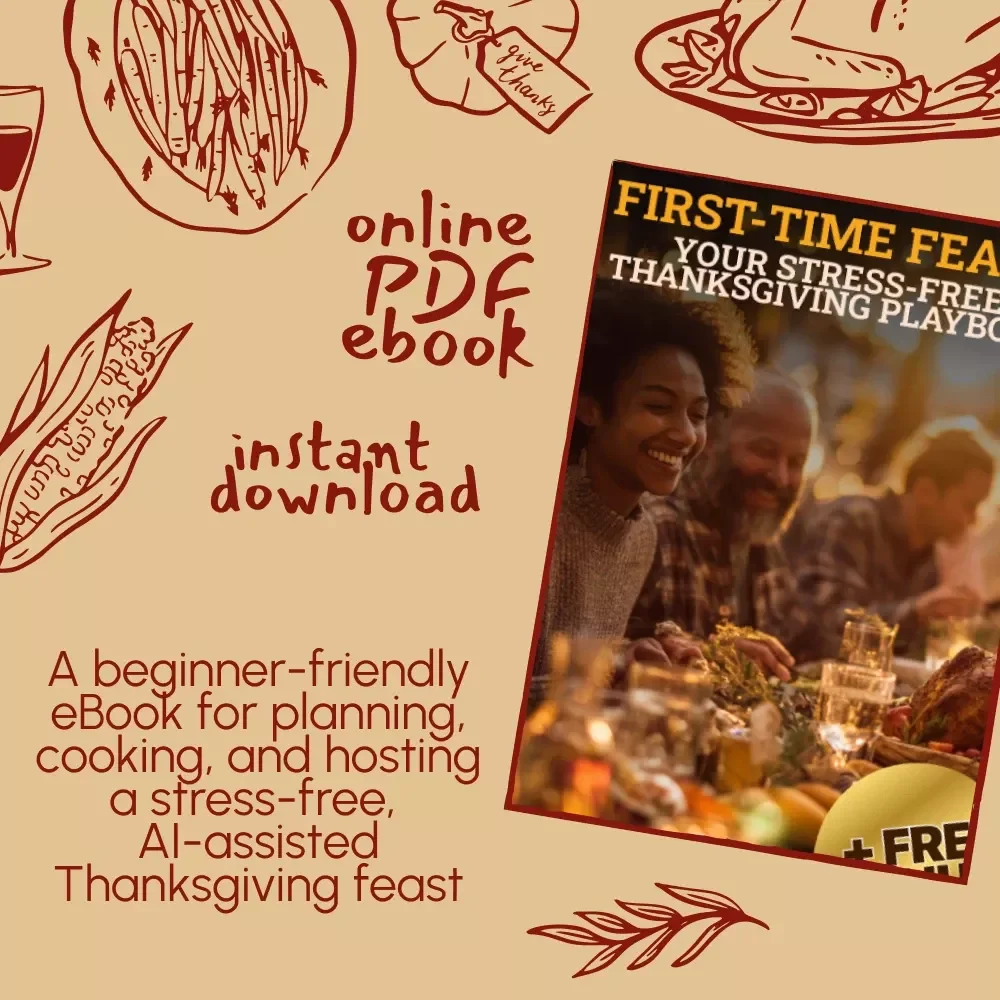 First-Time Feast: Your Stress-Free Thanksgiving Playbook | Thanksgiving eBook for Beginners | Digital Download Holiday Guide for Easy Hosting, Menu Planning & AI-Assisted Meal Prep