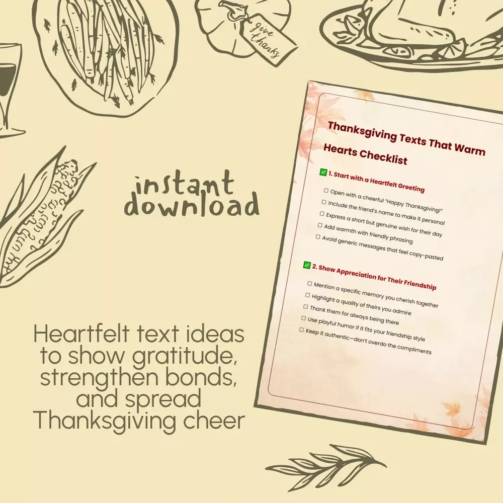 Thanksgiving Texts That Warm Hearts Checklist | What to Text Friends on Thanksgiving to Show Gratitude | Digital Download PDF