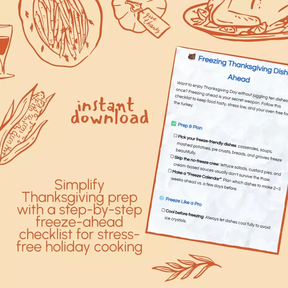 Freezing Thanksgiving Dishes Ahead Checklist | Holiday Meal Prep Guide | Thanksgiving Planning Printable | Freeze-Ahead Recipes & Reheating Tips