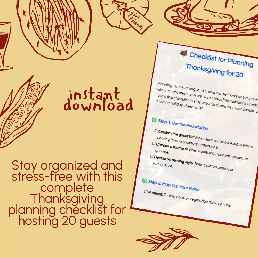 Checklist for Planning Thanksgiving for 20 | Printable Thanksgiving Planner | Holiday Dinner Party Guide | Digital Download for Thanksgiving Menu & Prep Timeline