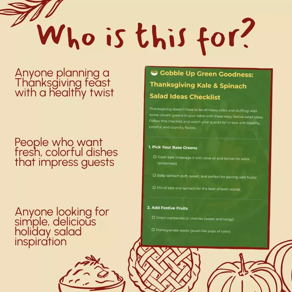 Gobble Up Green Goodness: Thanksgiving Kale & Spinach Salad Ideas Checklist | Healthy Holiday Salad Recipes | Printable Thanksgiving Side Dish Guide | Festive Green Salad Inspiration | Instant Digital Download