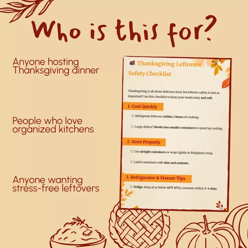 Thanksgiving Leftovers Safety Checklist | Printable Food Safety Guide for Holiday Meals | How to Manage Thanksgiving Leftovers Safely | Kitchen Organization Digital Download