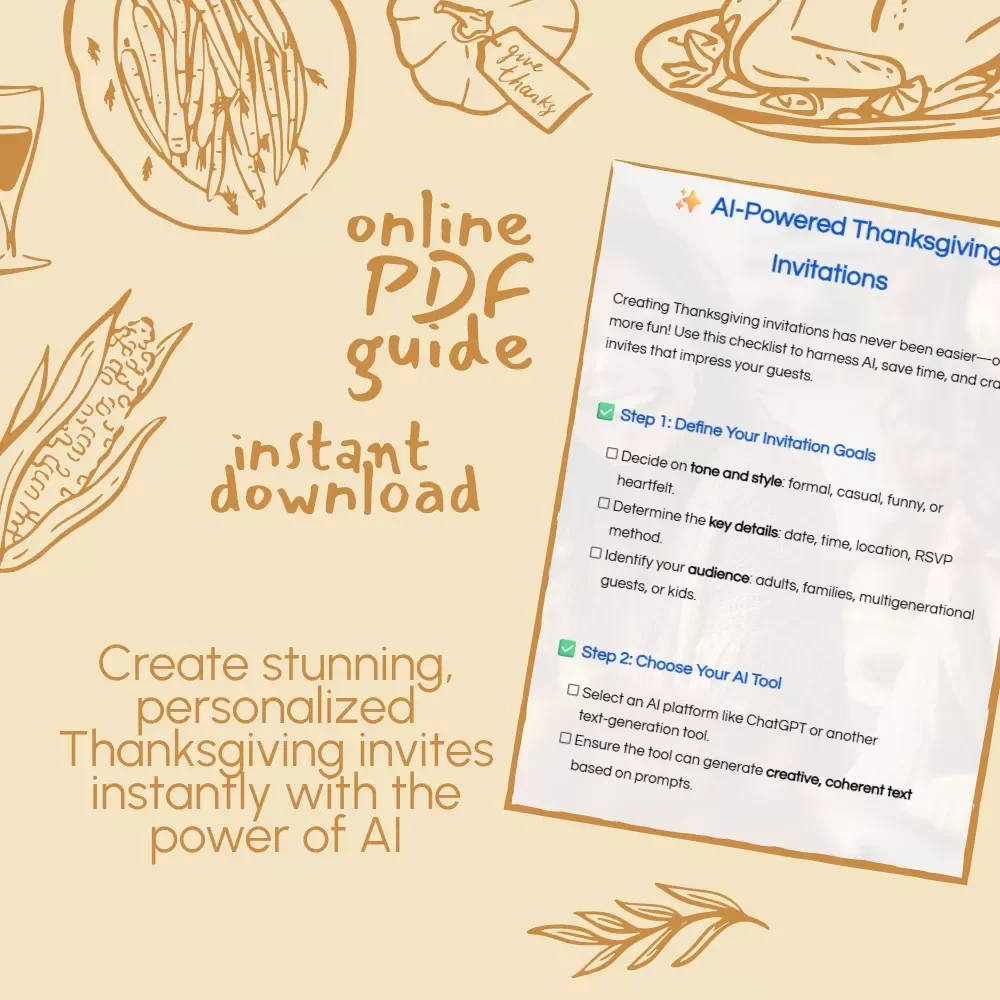 AI-Powered Thanksgiving Invitations | Printable Digital Checklist & Guide | Tips for Using AI to Write Thanksgiving Invitations | Holiday Planning eBook for Creative Hosts