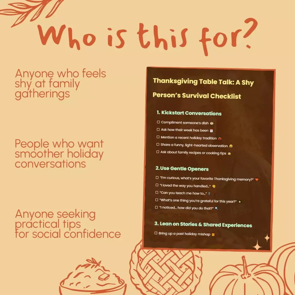Thanksgiving Table Talk: A Shy Person’s Survival Checklist | What to Say if You’re Shy at Thanksgiving Dinner | Digital Download Checklist