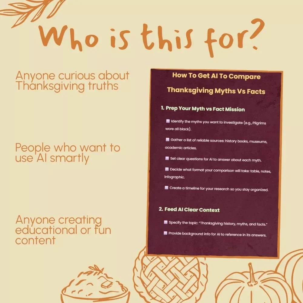 How To Get AI To Compare Thanksgiving Myths Vs Facts | Printable AI Checklist | Digital Download Research Guide for History & Education Projects | How to Get AI to Compare Thanksgiving Myths Vs Facts Step-by-Step Tutorial