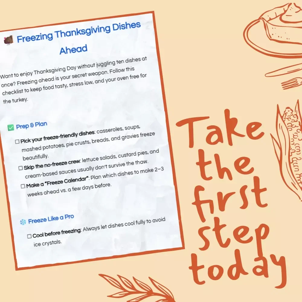 Freezing Thanksgiving Dishes Ahead Checklist | Holiday Meal Prep Guide | Thanksgiving Planning Printable | Freeze-Ahead Recipes & Reheating Tips