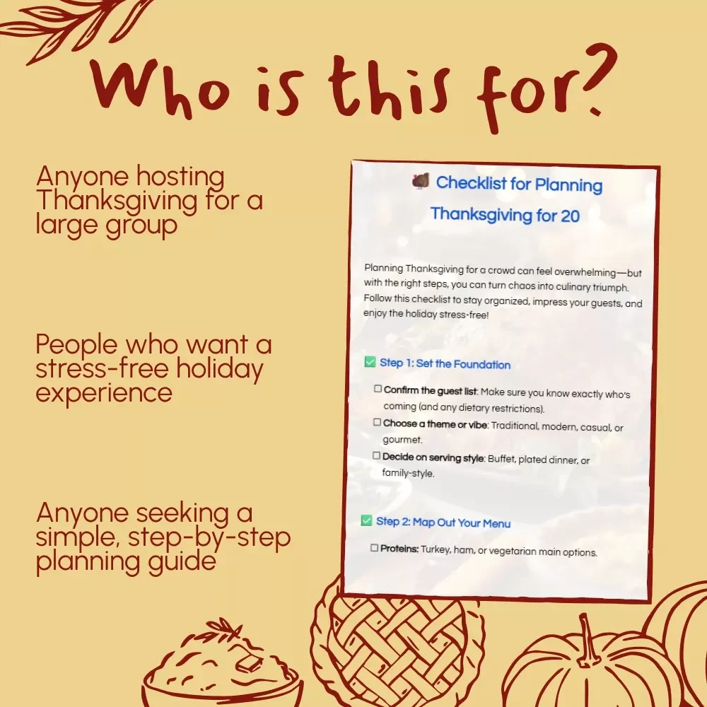 Checklist for Planning Thanksgiving for 20 | Printable Thanksgiving Planner | Holiday Dinner Party Guide | Digital Download for Thanksgiving Menu & Prep Timeline