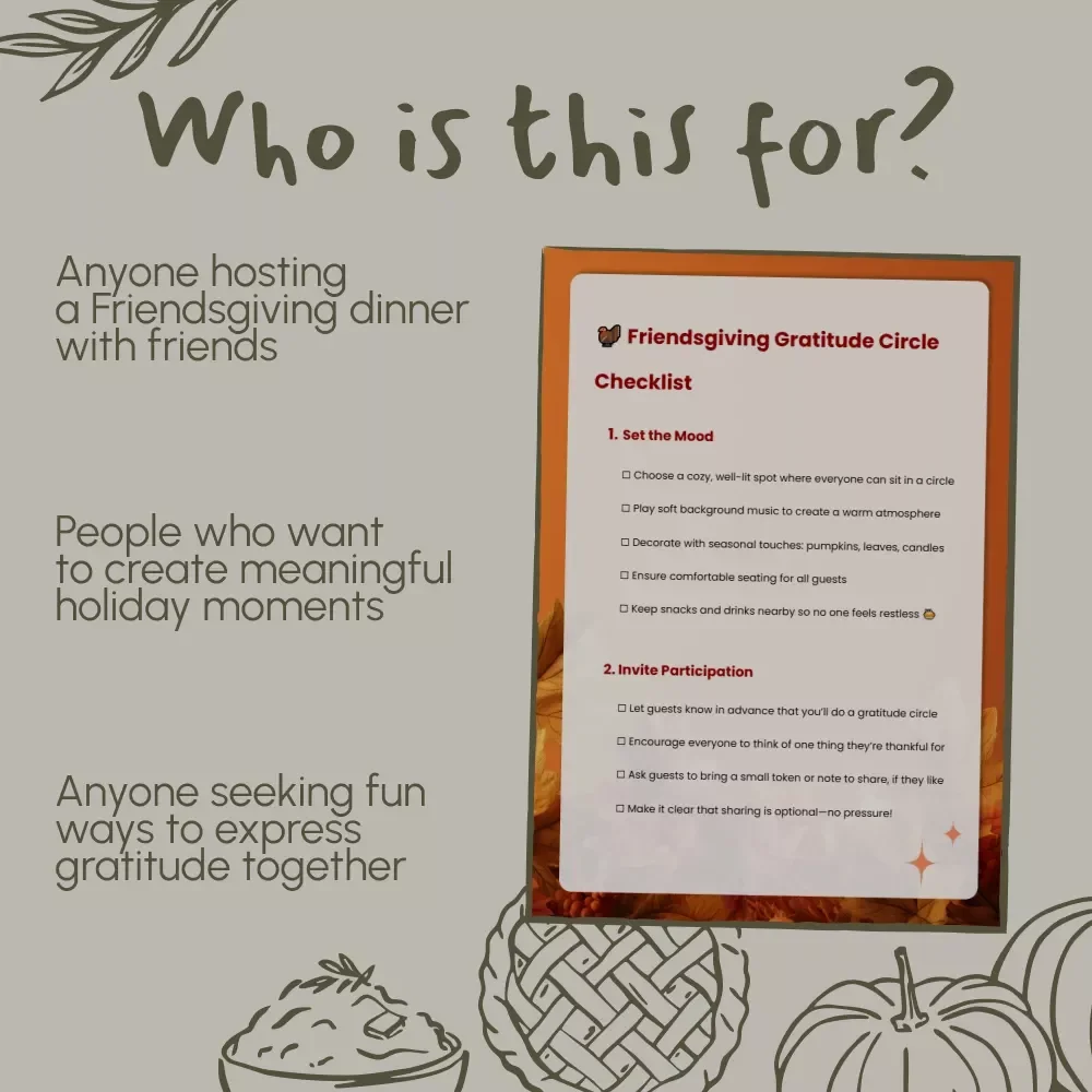 Friendsgiving Gratitude Circle Checklist | Digital Download Guide on How to Run a Gratitude Circle at Friendsgiving | Printable Thanksgiving Checklist for Hosting Meaningful Gatherings