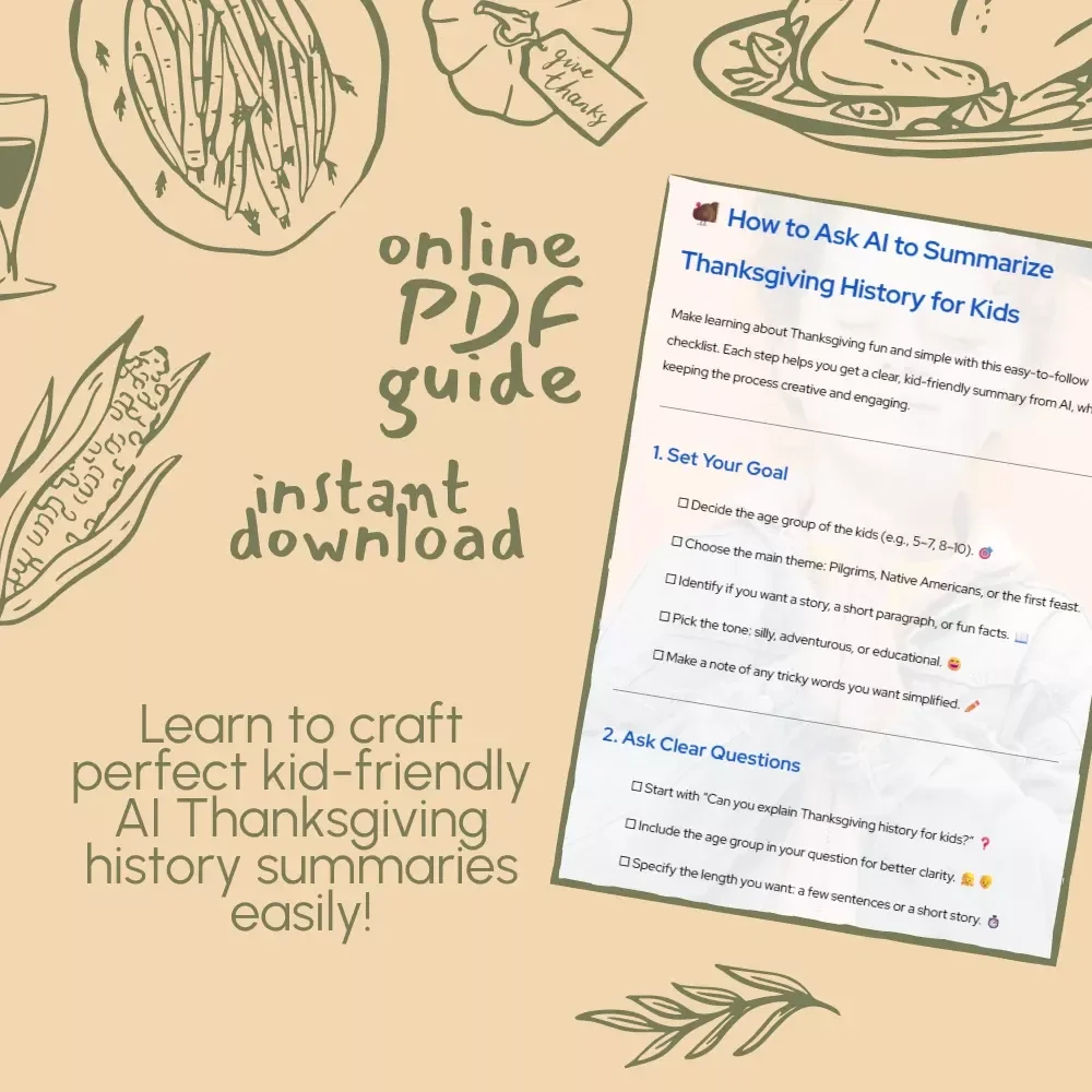 How to Ask AI to Summarize Thanksgiving History for Kids Checklist | Digital Download | Educational AI Prompt Guide for Parents & Teachers