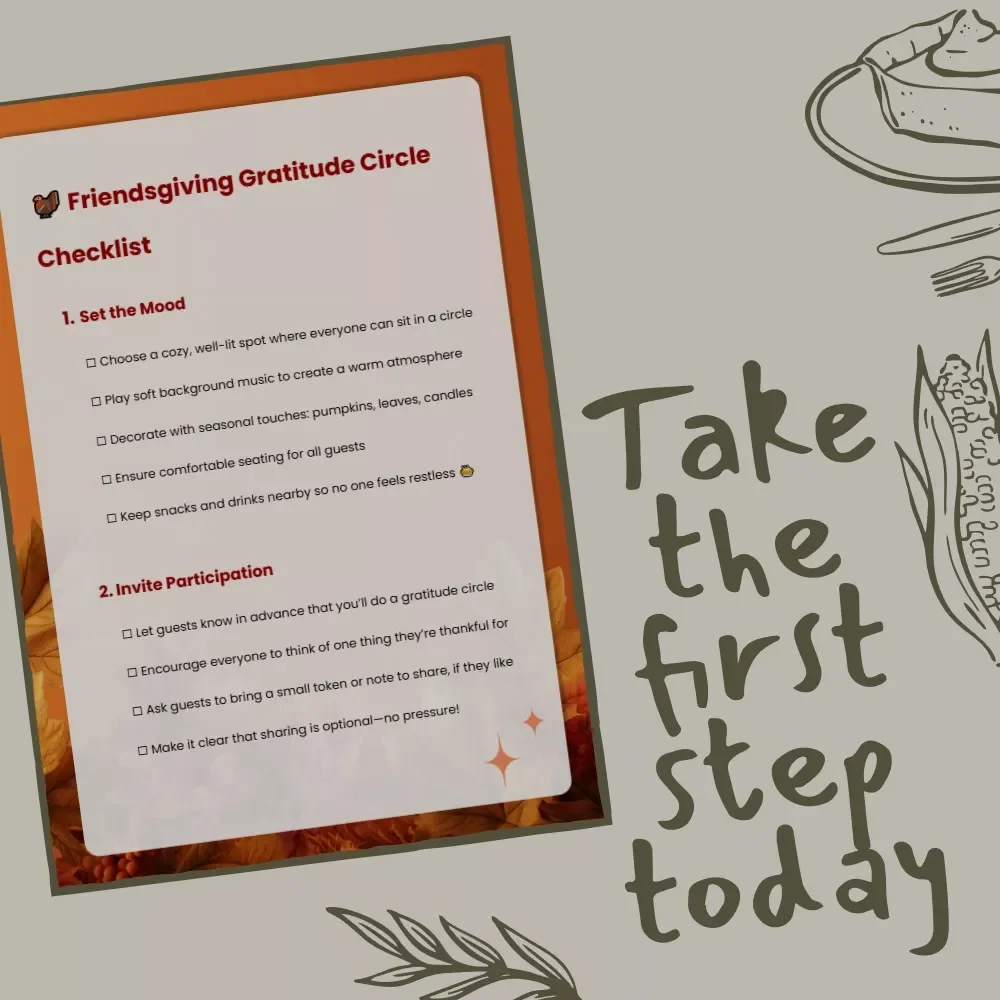 Friendsgiving Gratitude Circle Checklist | Digital Download Guide on How to Run a Gratitude Circle at Friendsgiving | Printable Thanksgiving Checklist for Hosting Meaningful Gatherings