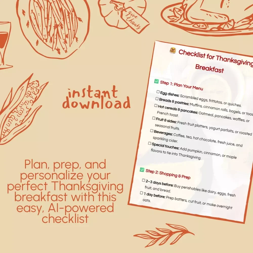 Checklist for Thanksgiving Breakfast | Digital Download Guide for Holiday Morning | Thanksgiving Breakfast Planner, Menu Ideas, and AI Planning Tips for Easy Holiday Hosting